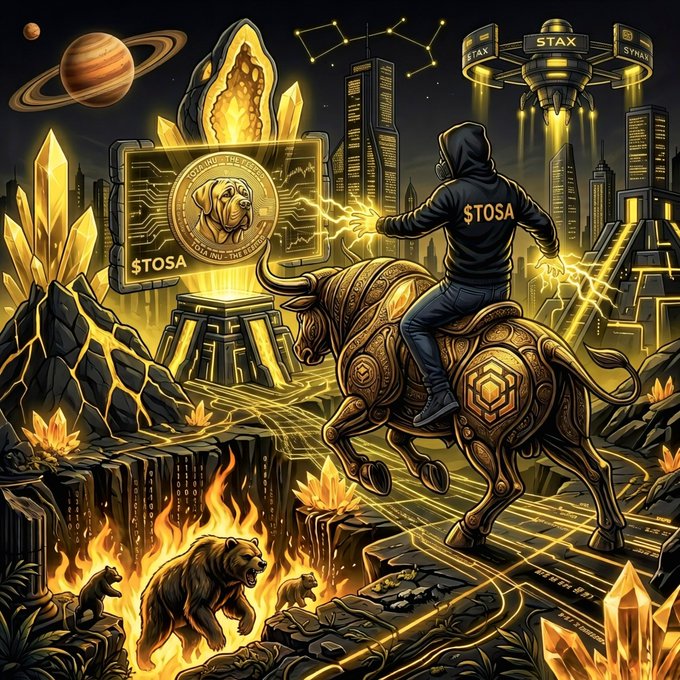 A digital artwork depicting a figure in a hoodie labeled '$TOSA' riding a golden mechanical bull through a futuristic landscape with golden crystals, a cityscape, spaceships, and bears.