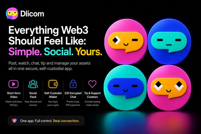 Promotional graphic for 'Dlicom' with the tagline 'Everything Web3 Should Feel Like: Simple. Social. Yours.' featuring colorful speech bubble mascot characters.