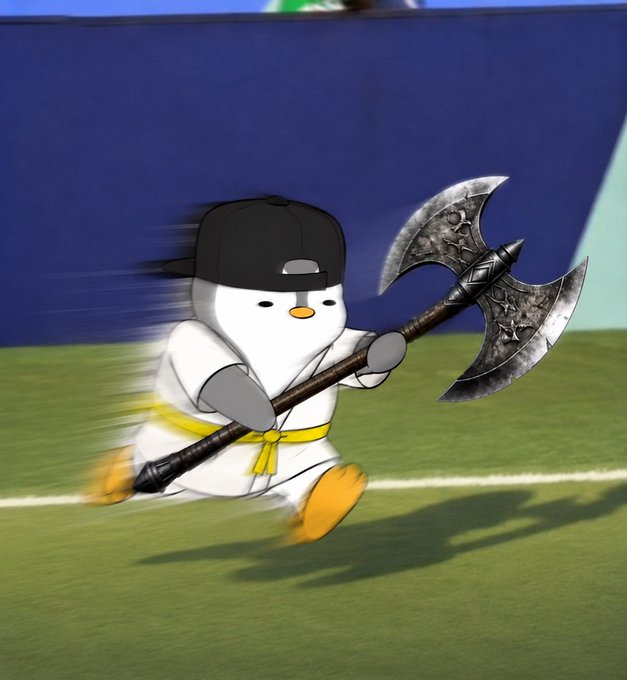 A cartoon penguin character wearing a black baseball cap, white martial arts uniform with a yellow belt, running while wielding a large double-bladed battle axe.