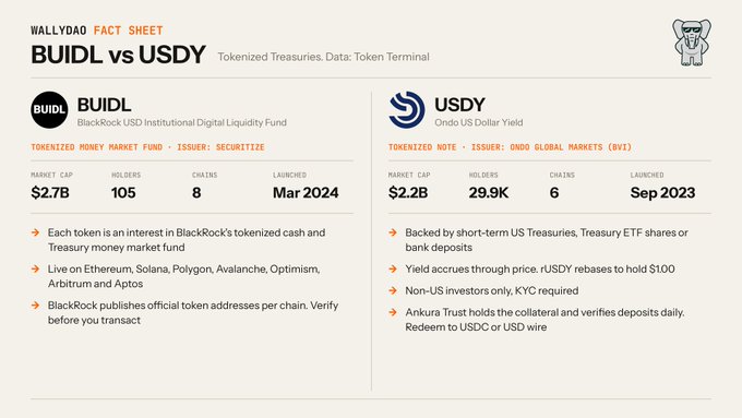 WallyDAO Fact Sheet comparing 'BUIDL vs USDY' as Tokenized Treasuries, showing BUIDL (BlackRock USD Institutional Digital Liquidity Fund) with $2.7B market cap and 105 holders launched March 2024, versus USDY (Ondo US Dollar Yield) with $2.2B market cap and 29.9K holders launched September 2023.