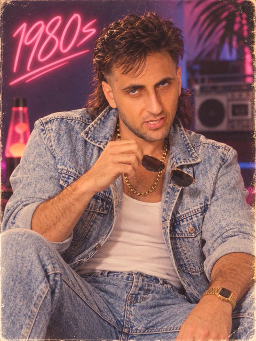 A retro-styled portrait of a man with a mullet wearing a denim jacket and white tank top, holding sunglasses, with '1980s' in neon pink text in the background.