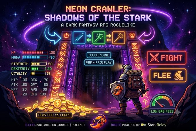 A promotional graphic for "NEON CRAWLER: SHADOWS OF THE STARK - A DARK FANTASY RPG ROGUELIKE" featuring an adventurer, stats, and text including "DOJO ENGINE", "VAR - FAIR PLAY", "PLAY FEE: 25 LORDS", "[LEFT] AVAILABLE ON STARKOS | PIXELNET", and "[RIGHT] POWERED BY StarkRelay".