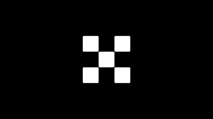 A minimalist white graphic on a black background displays five squares arranged in a cross-like or grid pattern, suggesting a new feature or addition. The clean, modern design aligns with the post's announcement of new cryptocurrency listings coming to the OKX exchange in July, visually representing the addition of new tokens to the platform.