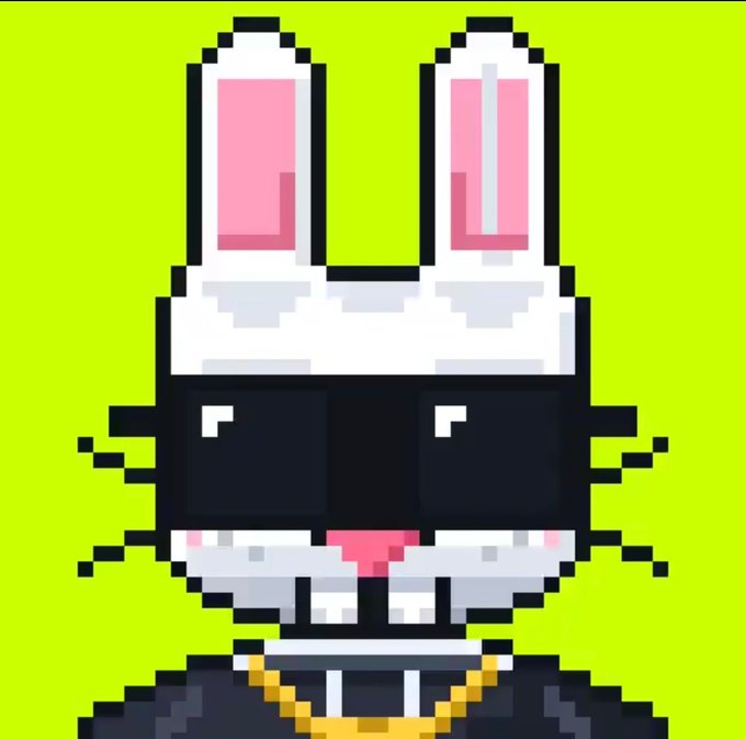A pixel art illustration of a character with tall white and pink bunny ears, black sunglasses, and a gold chain against a bright green background.