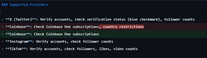 A screenshot of a "Supported Providers" list showing verification features for platforms like X (Twitter), Coinbase (listed twice), Instagram, and TikTok. The post highlights Coinbase appearing with two entries—one mentioning "country restrictions" and one without—framing this as a subtle but significant update for global BASE farmers.