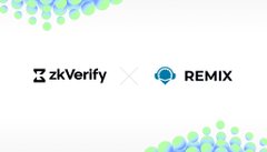 A minimalist white graphic displaying the logos of 'zkVerify' and 'REMIX' separated by an 'X', framed by blue and green dotted patterns in the corners.