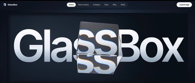 A website header for 'GlassBox' features a glass cube logo with navigation links including Home, How it works, Creators, Fees, Why, and FAQs.