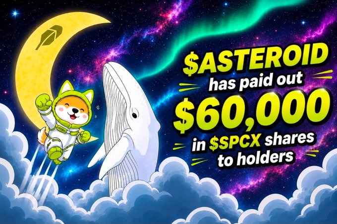 The image is a colorful cartoon featuring a Shiba Inu dressed as an astronaut floating in space alongside a white whale, with a crescent moon and a rocket visible in the background. Bold text reads "$ASTEROID has paid out $60,000 in $SPCX shares to holders," celebrating the milestone of over $60,000 in SPCX distributions to ASTEROID holders mentioned in the post.