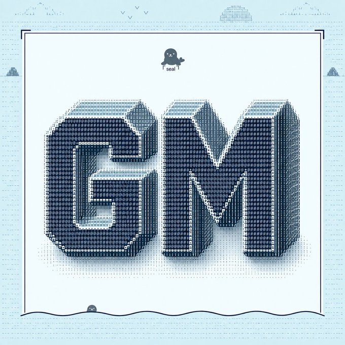 Pixel art spelling out 'GM' (good morning) in large blue block letters, with a small seal character above labeled 'seal!' against a light blue background.