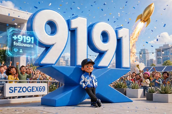A celebratory graphic showing a young boy in a cap standing in front of large blue '9191' numerals, with a 'SFZOGEX69' logo, a '+9191 followers' notification, confetti, and a rocket in the background.
