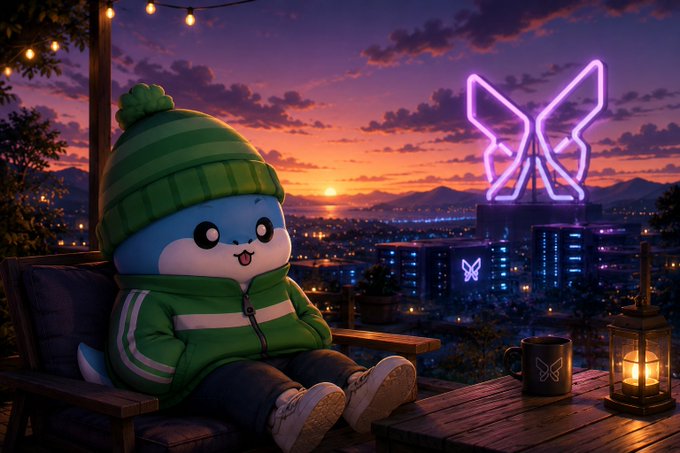 A cute blue mascot character wearing a green beanie and jacket sits on a chair at sunset, with a glowing purple butterfly neon sign visible in the city skyline behind.