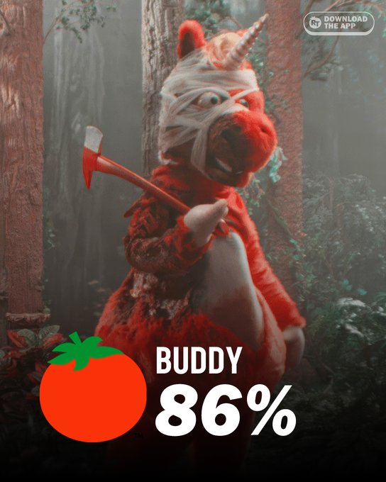 An image featuring a red unicorn mascot covered in bandages and holding an axe in a forest setting, with text reading 'BUDDY 86%', a tomato logo, and a 'DOWNLOAD THE APP' button.
