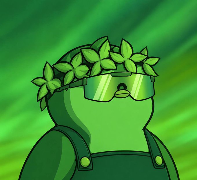 A cartoon green frog-like character wearing reflective green sunglasses and a leafy crown, dressed in overalls against a green wavy background.