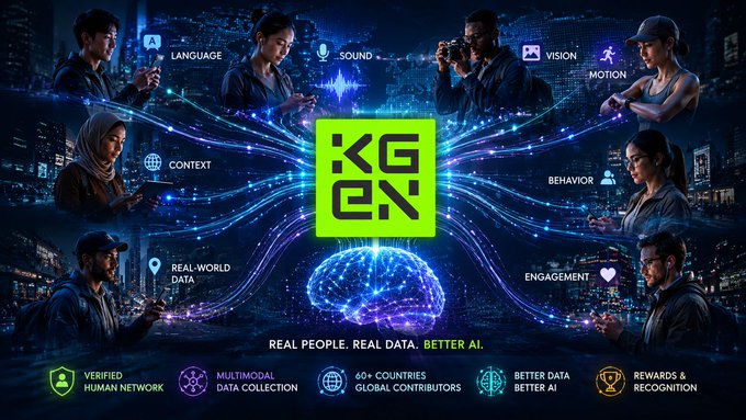 This image depicts the @KGeN_Community logo, illustrating how real-world data from various human interactions like language, sound, vision, motion, context, behavior, and engagement contribute to "Better AI." The image visually represents the concept of gathering multimodal data from a global network to fuel AI development.