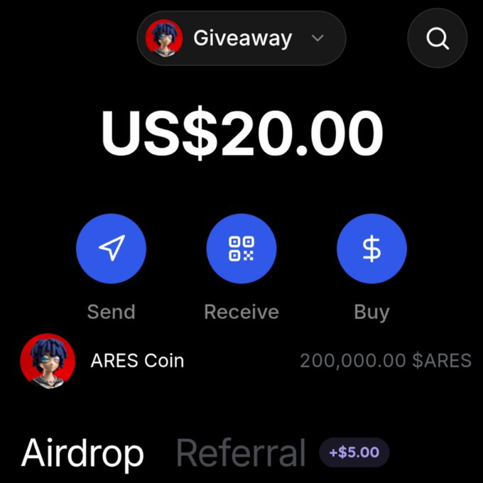 A mobile crypto wallet interface shows a "Giveaway" account displaying a balance of US$20.00 with options to Send, Receive, and Buy, alongside 200,000.00 ARES Coin tokens and an Airdrop tab offering +$5.00—visually representing the recipient's eligibility check for the $SOL airdrop distribution to the first 333 wallets.