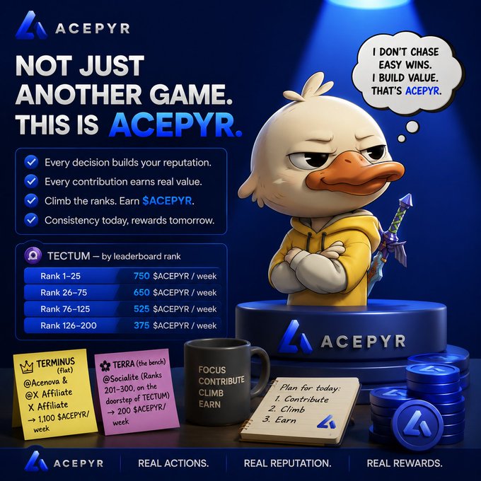 A promotional graphic for ACEPYR featuring a 3D duck mascot in a yellow hoodie, highlighting the TECTUM leaderboard reward system with ranks earning between 375-750 $ACEPYR per week.
