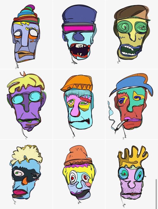 A 3x3 grid of nine stylized, cartoonish digital drawings of colorful zombie-like faces with exaggerated features, each wearing different hats and sporting varying expressions, illustrating an exploration of diverse artistic styles and character designs in collaboration with @shadesofpunks and digitaloneline.