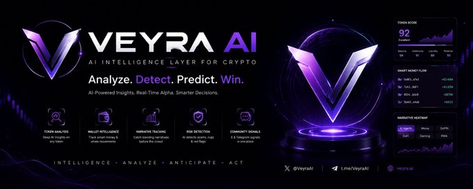 The image is a promotional banner for "VEYRA AI," an AI-powered crypto intelligence platform, featuring its logo alongside a futuristic dashboard displaying metrics like a Token Score of 92, smart money flow (e.g., 1INCH_MM, SOL_MM), and narrative heatmap data. Its sleek black and purple design visually reinforces the post's message of using AI to detect, analyze, and predict crypto trends before the crowd catches on.