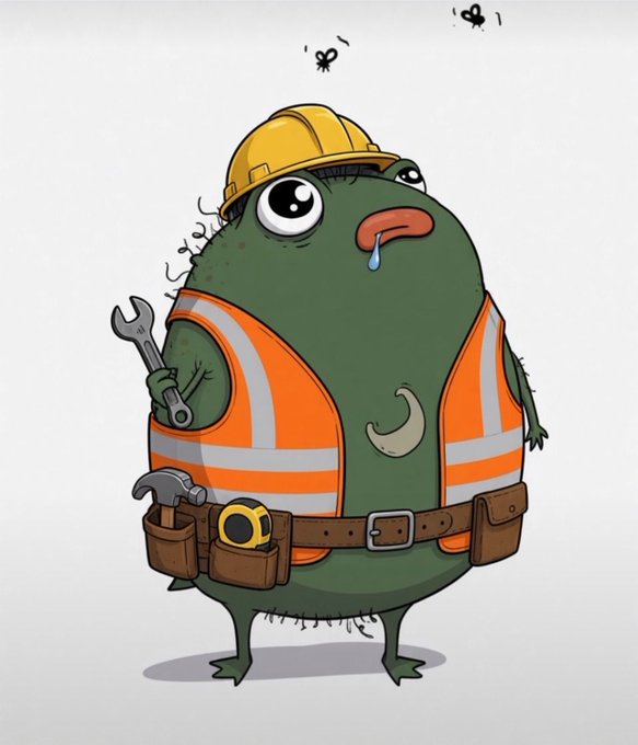 A cartoon illustration of a sad green blob-like creature dressed as a construction worker, wearing a yellow hard hat and orange safety vest with tools.