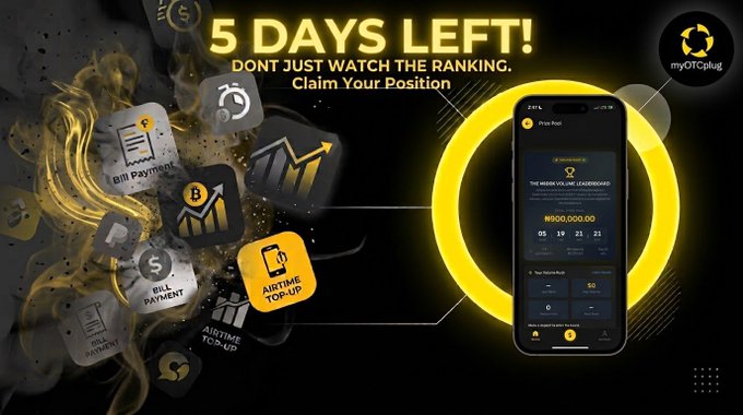 A promotional banner for 'myOTCplug' announcing '5 DAYS LEFT! DON'T JUST WATCH THE RANKING. Claim Your Position', showcasing icons for bill payments, Bitcoin, and airtime top-ups alongside a smartphone interface.