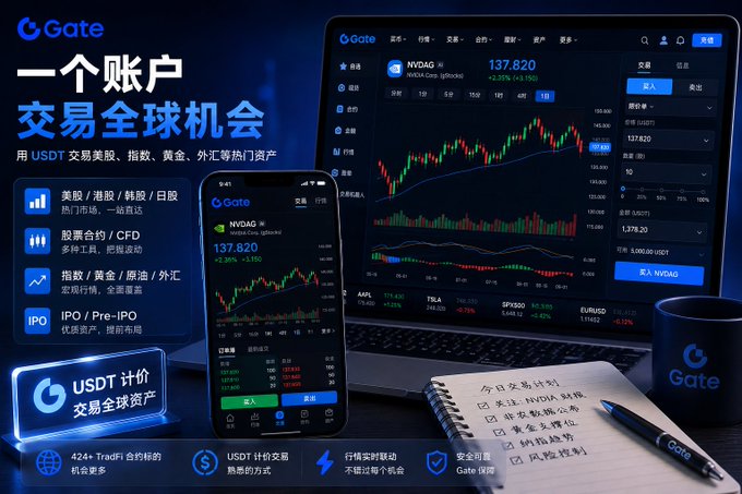 A promotional advertisement for Gate, a cryptocurrency trading platform, displaying trading interfaces on a laptop and smartphone with Chinese text promoting USDT trading of stocks, indices, gold, and forex.