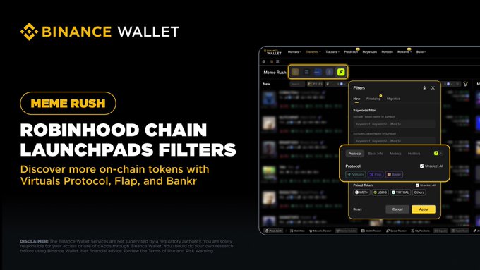 A Binance Wallet promotional graphic for "Meme Rush" highlighting new Robinhood Chain launchpad filters (Virtuals Protocol, Flap, and Bankr), showing a screenshot of the wallet interface with a filters menu open to apply "Protocol," "Keyword filter," "Time," and "Force token" search criteria.