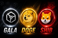 The image features three cryptocurrency tokens—Gala (GALA), Dogecoin (DOGE), and Shiba Inu (SHIB)—displayed as glowing circular icons, likely highlighting the meme coins poised to benefit from the regulatory clarity mentioned in the post.