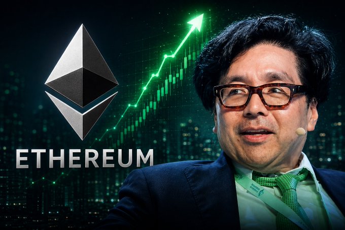 The image features a man with glasses and a green tie alongside the Ethereum logo (diamond-shaped symbol) and a green upward-pointing stock chart, with the word "ETHEREUM" prominently displayed—visually reinforcing the post about Tom Lee and Bitmine's significant accumulation of 5.777 million ETH.