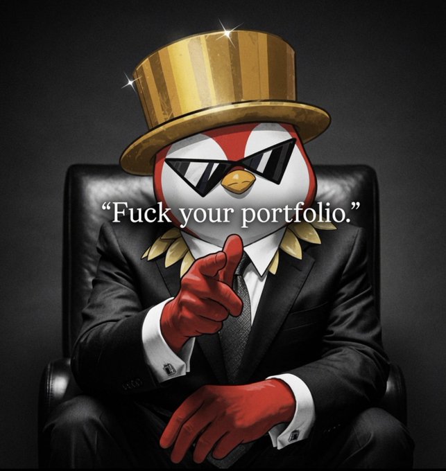 An anthropomorphic red bird wearing sunglasses, a gold top hat, and a black suit sits in a leather chair giving the middle finger, with the text "Fuck your portfolio." overlaid—visually embodying the post's message of dismissing market hype (FOMO) and sticking to a steady DCA strategy regardless of others' gains.