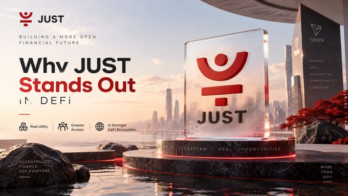 A promotional banner for 'JUST' in DeFi, displaying the text 'Why JUST Stands Out IN DeFi' and listing benefits like Real Utility, Greater Access, and A Stronger DeFi Ecosystem, with the TRON ecosystem in the background.