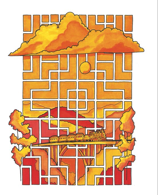 Artwork showing an orange maze pattern with a steam train traveling across a bridge, with clouds and trees in warm autumn colors.