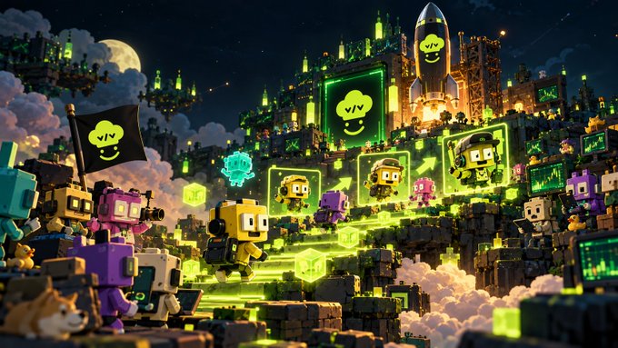 A vibrant digital illustration depicts a bustling cityscape with blocky robot characters, green glowing screens, a rocket ship, and 'ViV' branded logos and flags.