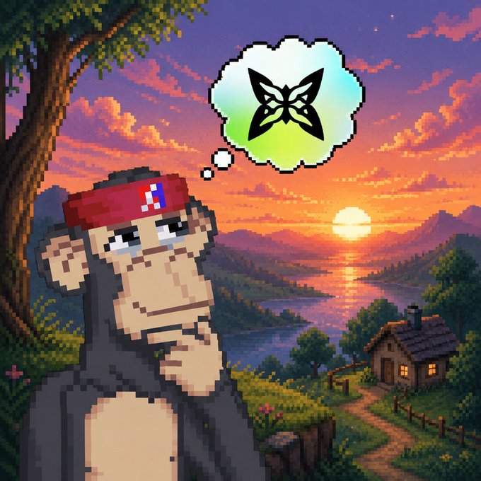 A pixel-art monkey wearing a red, white, and blue headband gazes thoughtfully at a vibrant sunset over a pixelated countryside with a cottage by a lake, with a thought bubble displaying a black butterfly/owl-like logo symbolizing visionary ideas. The image ties into the post about @quipnetwork building practical quantum computing infrastructure for everyday use, with the contemplative monkey representing forward-thinking innovation and the serene sunset suggesting a future-ready horizon for assets like BTC.