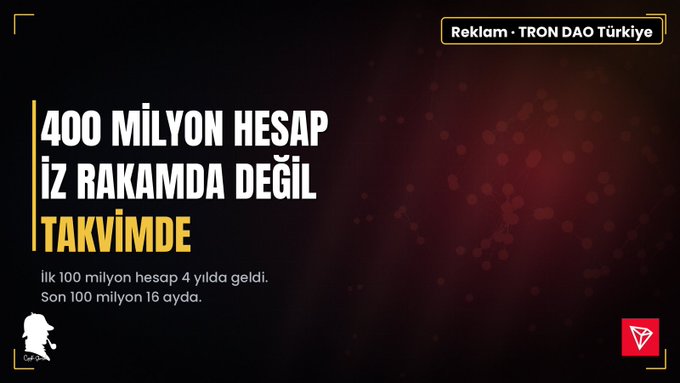 A dark red and black promotional graphic for TRON DAO Türkiye with the Turkish text '400 MİLYON HESAP İZ RAKAMDA DEĞİL TAKVİMDE,' explaining that the first 100 million accounts took 4 years while the last 100 million took 16 months.