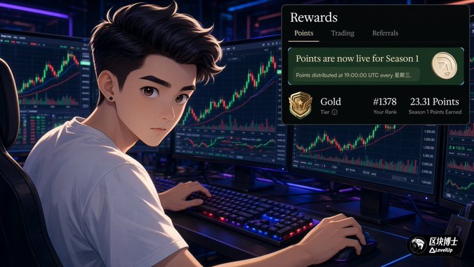 A young trader monitors cryptocurrency charts across multiple screens, with an overlay showing Season 1 rewards details: "Points distributed at 19:00:00 UTC every 星期三", a Gold tier (#1378) badge, and "23.31 Points" earned in "Tier 1 Points Earned" from just 100k trading volume. The image illustrates the post's tip about using Grok Bot to efficiently earn Arcus airdrop points without excessive trading volume.