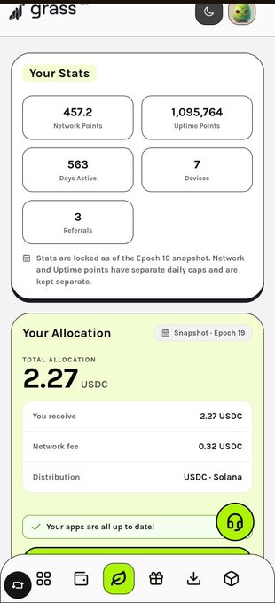 The 'grass' app dashboard displays 'Your Stats' including 457.2 Network Points and 1,095,764 Uptime Points, along with 'Your Allocation' totaling 2.27 USDC for Snapshot Epoch 19.