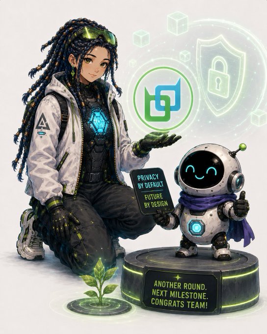 A digital illustration of an anime-style woman with long braided hair and a small robot, both holding signs that read "PRIVACY BY DEFAULT, FUTURE BY DESIGN," with a base reading "ANOTHER ROUND. NEW MILESTONE. CONGRATS TEAM!".