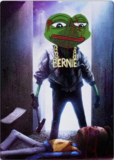 A dark parody artwork of a Pepe the Frog character wearing a hoodie and gold chain with 'BERNIE' written on it, standing over a body in an alleyway.