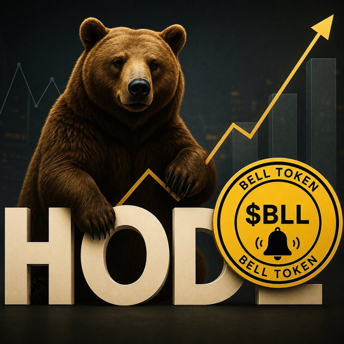 A promotional graphic features a brown bear next to large letters spelling 'HODL' with an upward gold arrow, alongside a gold 'BELL TOKEN ($BLL)' coin logo.