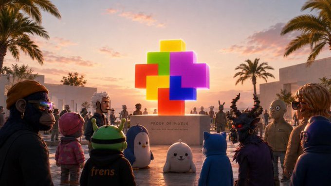 A diverse crowd of stylized 3D characters gathers around a glowing, multi-colored geometric sculpture labeled 'PROOF OF PIXELS' during a golden sunset.