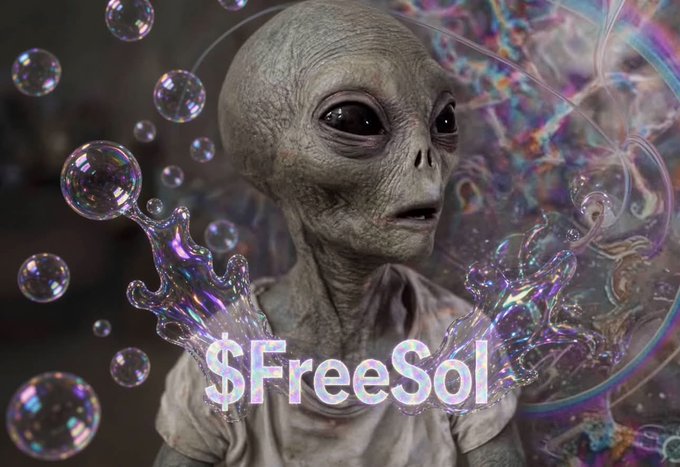 A digital artwork featuring a gray alien surrounded by iridescent bubbles with the text '$FreeSol' displayed prominently at the bottom.