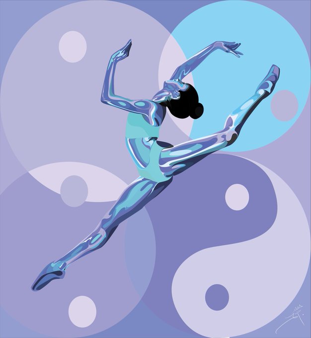 A stylized illustration depicts a metallic blue figure in a dynamic pose, split between a Yin-Yang symbol against a purple and blue background.