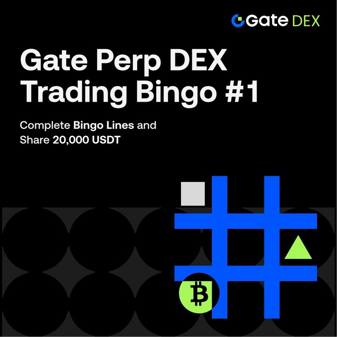 The image features an advertisement for Gate Perp DEX Trading Bingo #1, which is a live online bingo game with auction-style elements related to Bitcoin. The goal of the game is to complete all the lines in order before the timer runs out. Participants have the opportunity to win BTC and ETH at the end by placing their bids strategically within the auction window. The advertisement appears sponsored, as evidenced by the website "gate.decx" and "buzzing."