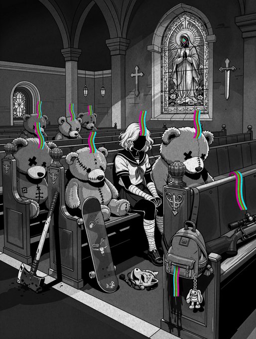 In the black and white photo, a girl is sitting on a bench surrounded by multiple teddy bears of various sizes and colors that are placed around her. She has a skateboard nearby, and several books are scattered near her as well. In the background, there's an illustration depicting a church scene with a group of religious figures inside it. Additionally, some knives can be seen in the image. The photo is posted to an auction site for a painting by the artist @TransientLabs.
