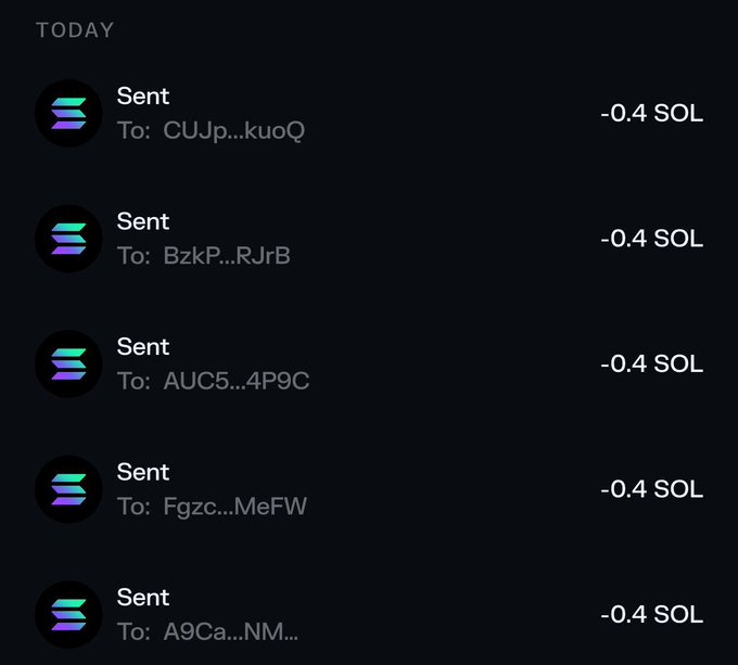 The image shows a transaction history displaying five "Sent" transactions, each for "-0.4 SOL" (totaling 2 SOL), sent to various Solana wallet addresses on the same day. This serves as proof of the user's tip distribution, aligning with the post's request to "show proof you joined the wait list" by tipping $10 worth of SOL (approximately 0.4 SOL each) to multiple participants.