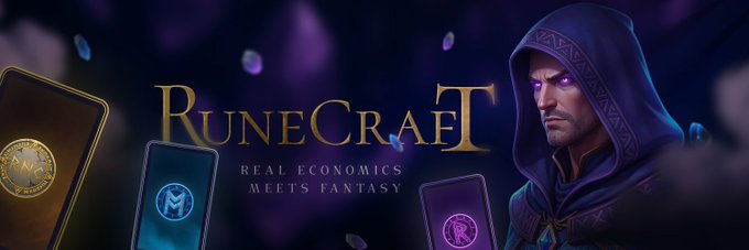 A promotional banner for RuneCraft featuring a hooded wizard with glowing purple eyes alongside fantasy-themed playing cards, displaying the tagline "Real Economics Meets Fantasy" with the text "RUNECRAFT" prominently in gold lettering.