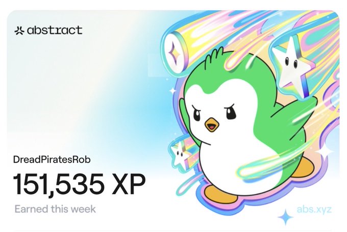 An Abstract XP card showing user DreadPiratesRob has earned 151,535 XP this week, featuring a cute penguin mascot with stars and colorful cosmic effects.