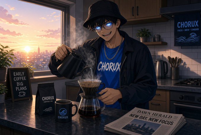 An anime-style illustration of a boy with glowing blue eyes wearing a bucket hat and a 'CHORUX' t-shirt, pouring coffee from a kettle into a Chemex coffee maker in a kitchen at dawn, with a newspaper reading 'DAWN HERALD' on the counter.