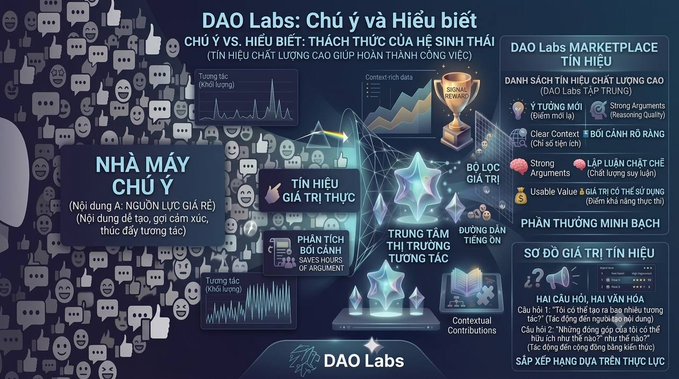An infographic in Vietnamese titled 'DAO Labs: Chú ý và Hiểu biết' detailing a marketplace system with various features like 'NHÀ MÁY CHÚ Ý' and 'BỘ LỌC GIA TRỊ'.