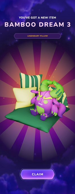 A mobile game notification screen announcing 'YOU'VE GOT A NEW ITEM: BAMBOO DREAM 3' featuring a Legendary Pillow with a purple and green dragon plush resting on it, with a 'CLAIM' button at the bottom.